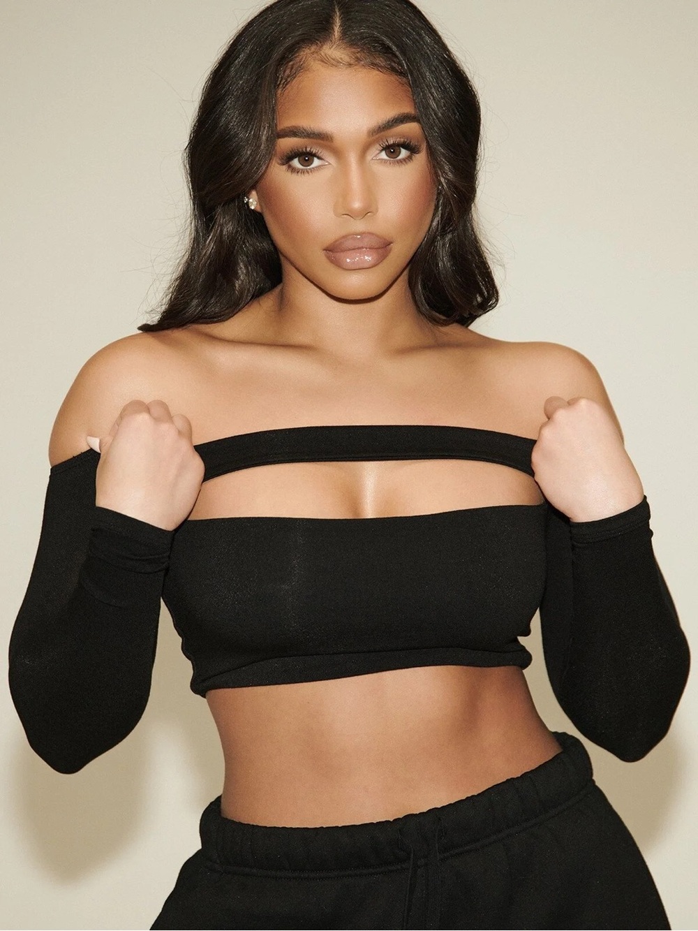 Naked Wardrobe x Lori Harvey Front Cutout Off the Shoulder Crop Top